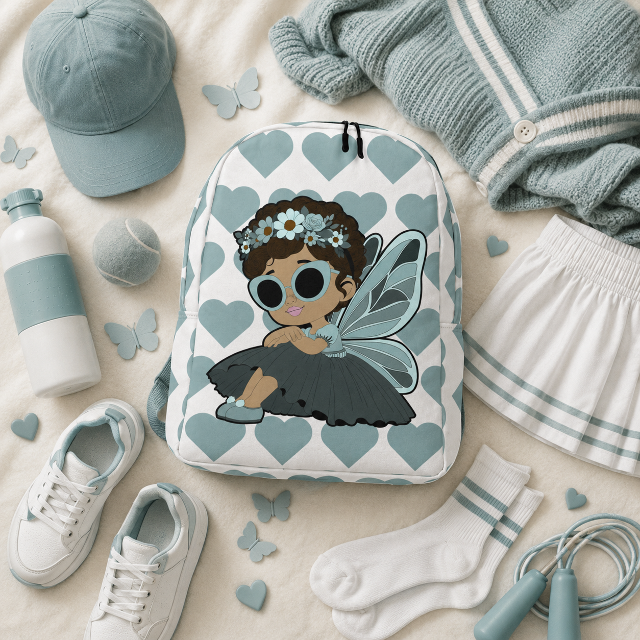 Coco Pixies Pixie Piper Backpack featuring a Black girl pixie, aqua hearts, sunglasses, and floral details