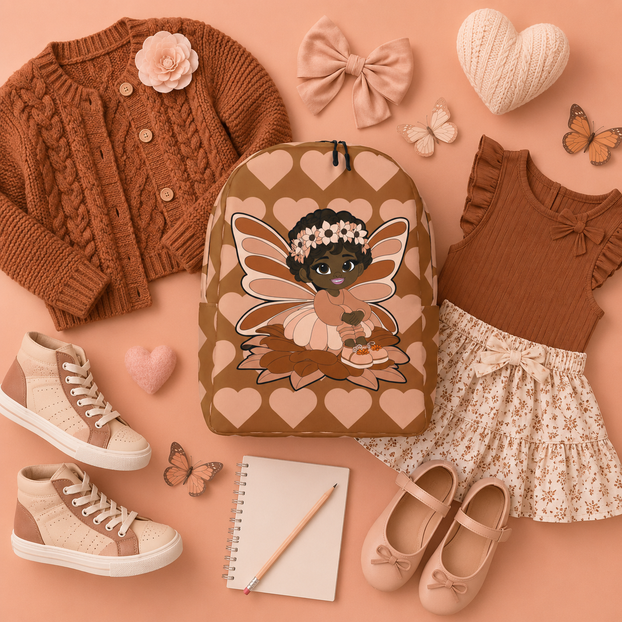 Coco Pixies Sweet Sienna school backpack featuring a Black pixie, floral crown, wings, and mocha heart pattern
