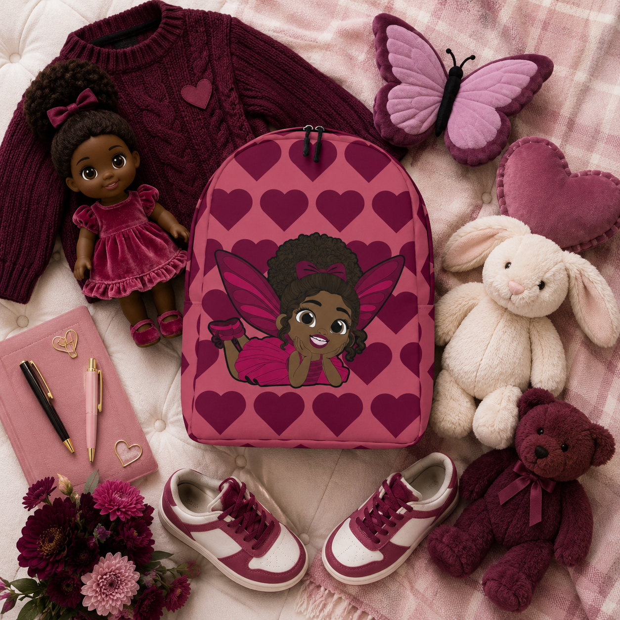 Coco Pixies Happy Harper backpack featuring a Black girl pixie with curly hair and deep rose hearts