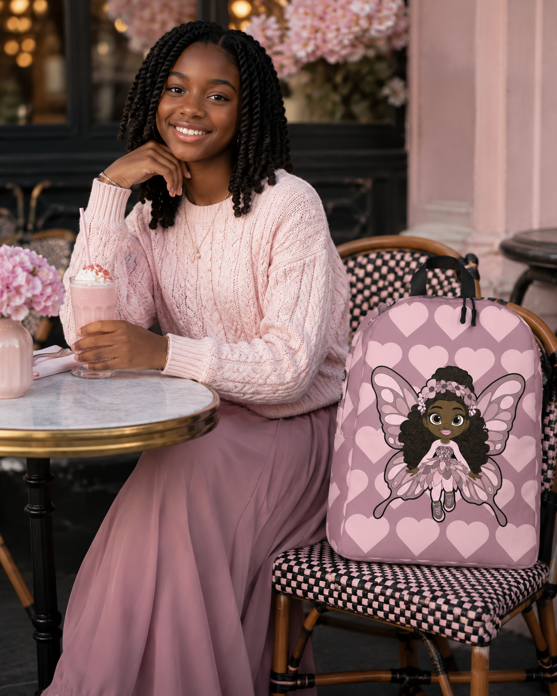 Coco Pixies Penelope Pixie Backpack featuring textured curls, pink wings and blush hearts on dusty rose