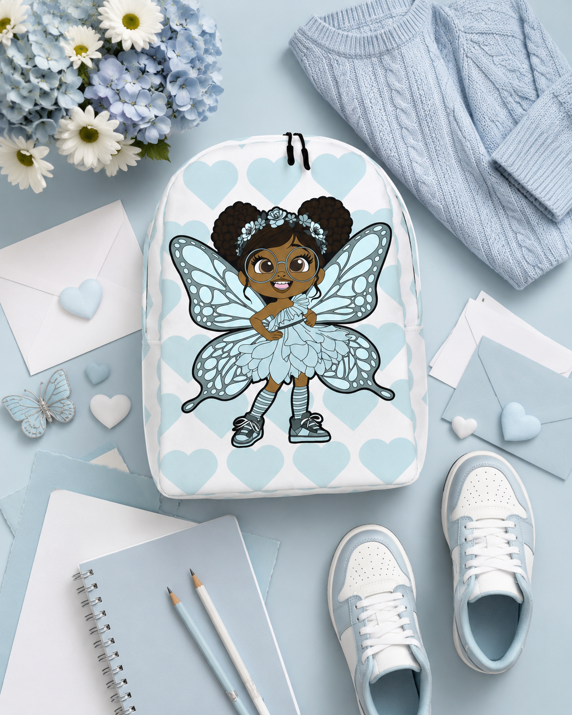 Coco Pixies JoJo Jollypuff backpack featuring afro puffs, glasses, aqua wings, and heart-patterned design