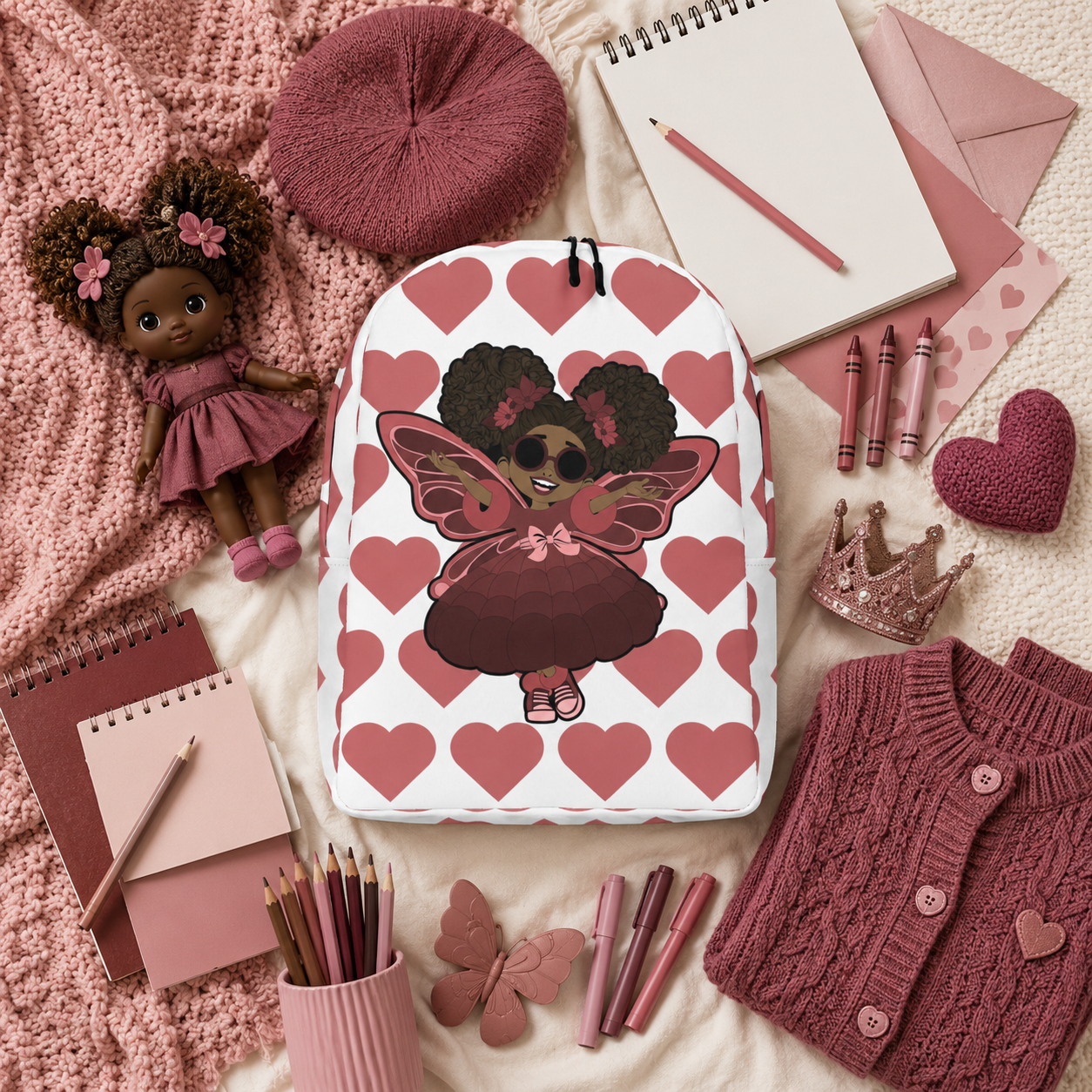 Coco Pixies Radiant Ruby character backpack featuring afro puffs, sunglasses and signature heart print