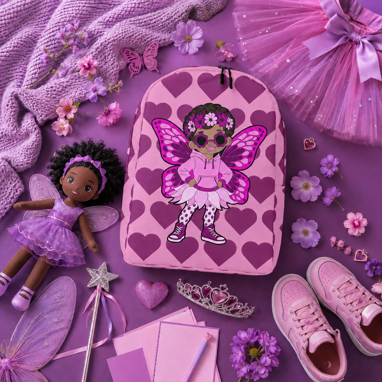 Coco Pixies Teonna Twinklepuff backpack featuring a Black girl pixie with curly puffs, pink wings and berry hearts.