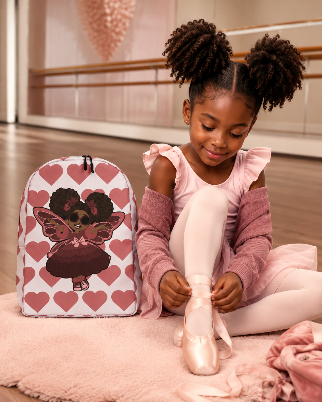 Coco Pixies Radiant Ruby character backpack featuring afro puffs, sunglasses and signature heart print