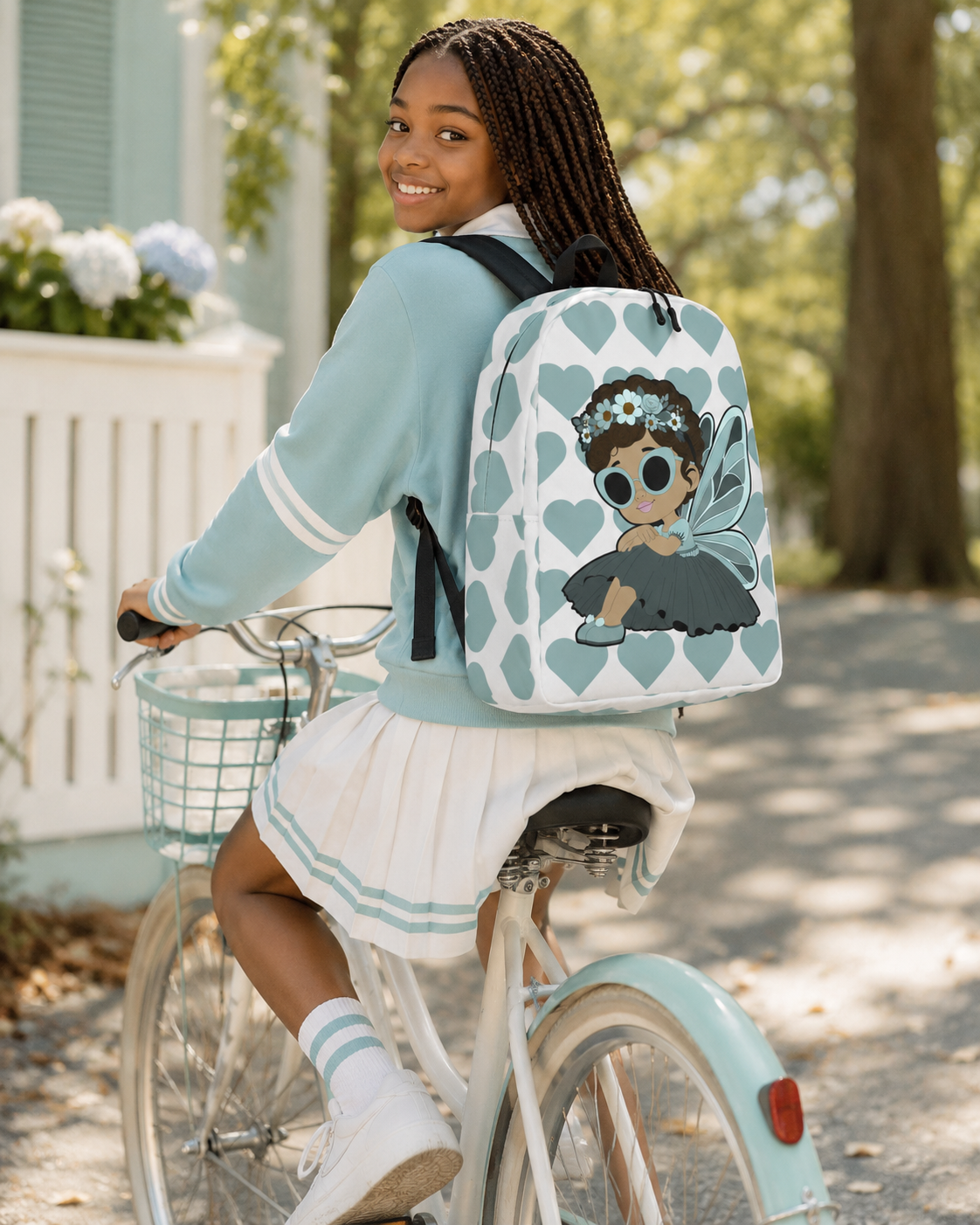 Coco Pixies Pixie Piper Backpack featuring a Black girl pixie, aqua hearts, sunglasses, and floral details