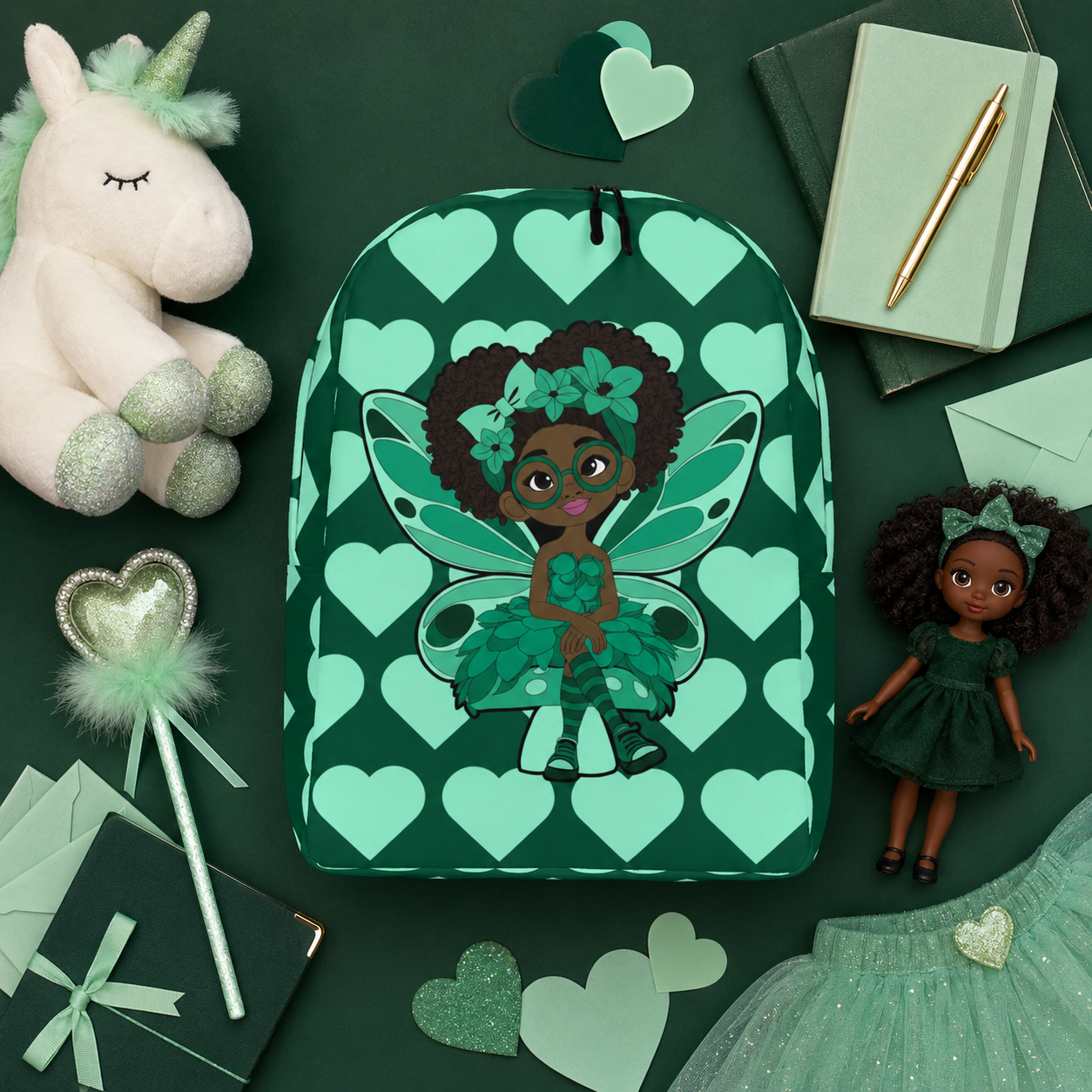 Brilliant Bailey Pixie Backpack by Coco Pixies featuring a Black girl pixie with a curly afro, green wings and mint hearts on emerald green.