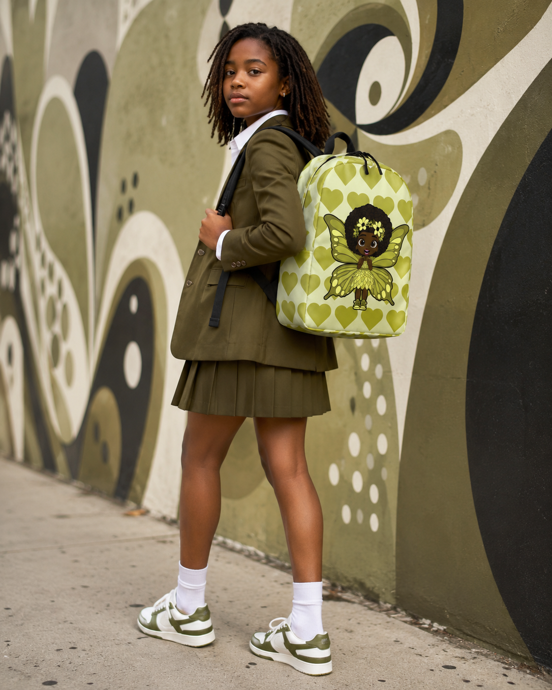 Cheerful Charlotte Pixie Backpack by Coco Pixies featuring a Black girl pixie with natural curls, soft green wings and a soft green signature heart pattern.