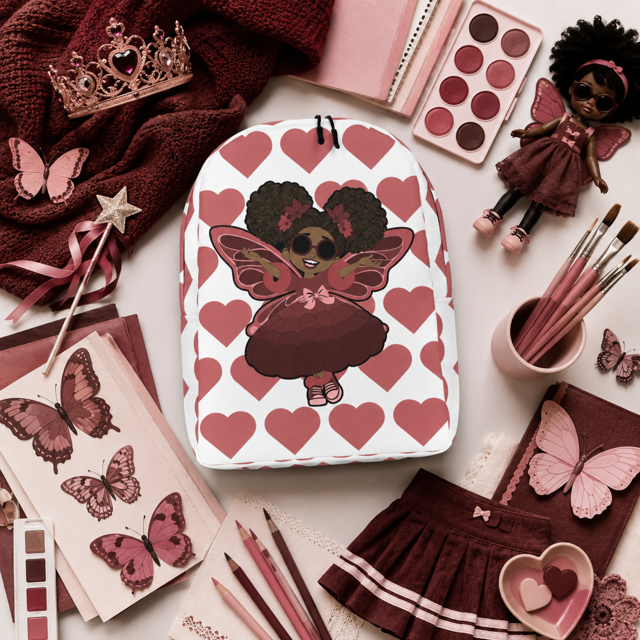 Coco Pixies Radiant Ruby character backpack featuring afro puffs, sunglasses and signature heart print
