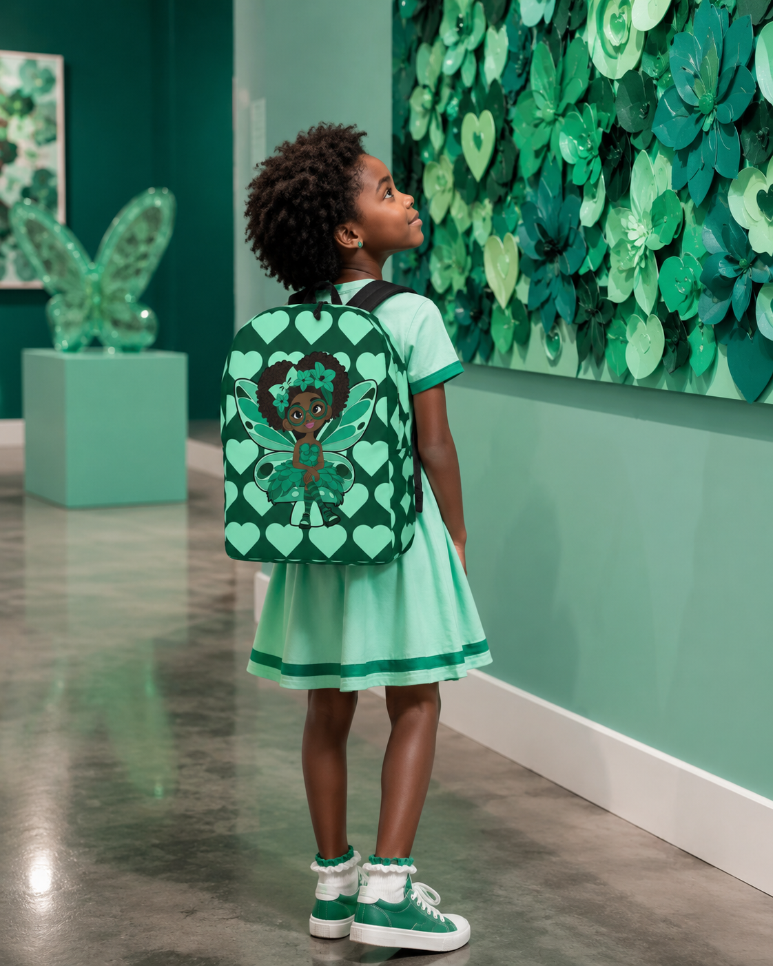 Brilliant Bailey Pixie Backpack by Coco Pixies featuring a Black girl pixie with a curly afro, green wings and mint hearts on emerald green.