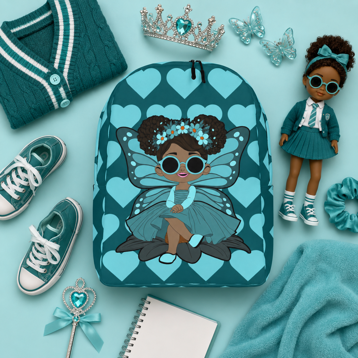 Coco Pixies Sassy Sammy backpack featuring a Black pixie character and deep teal signature heart pattern