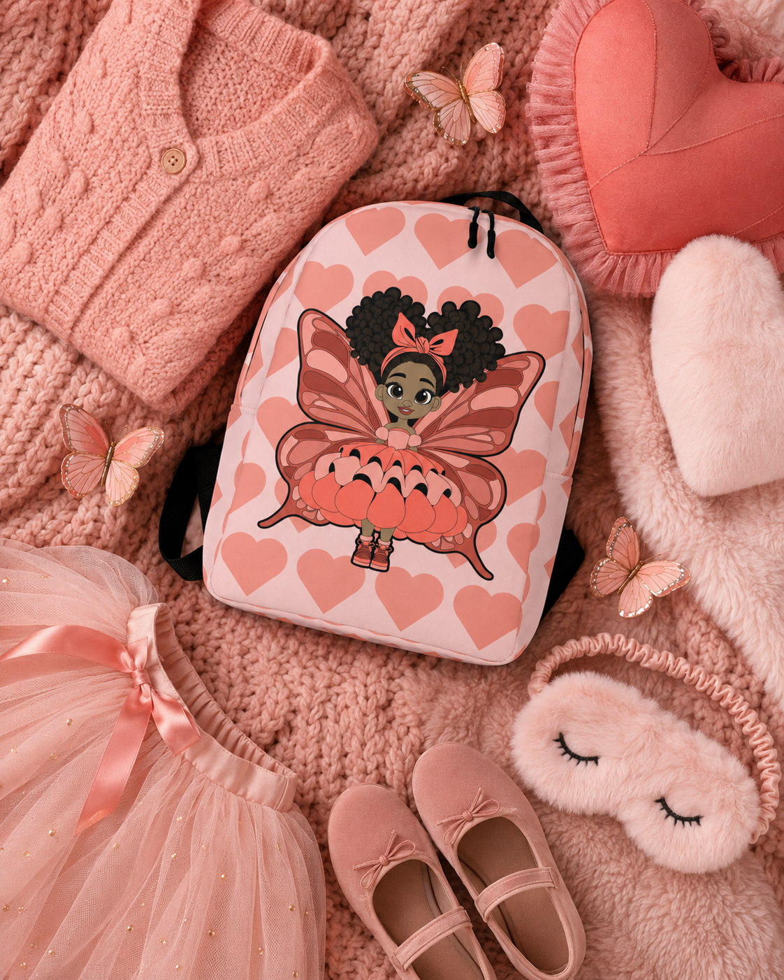 Coco Pixies Lovely Layla children’s backpack featuring a Black girl pixie and Coral Signature Heart Pattern