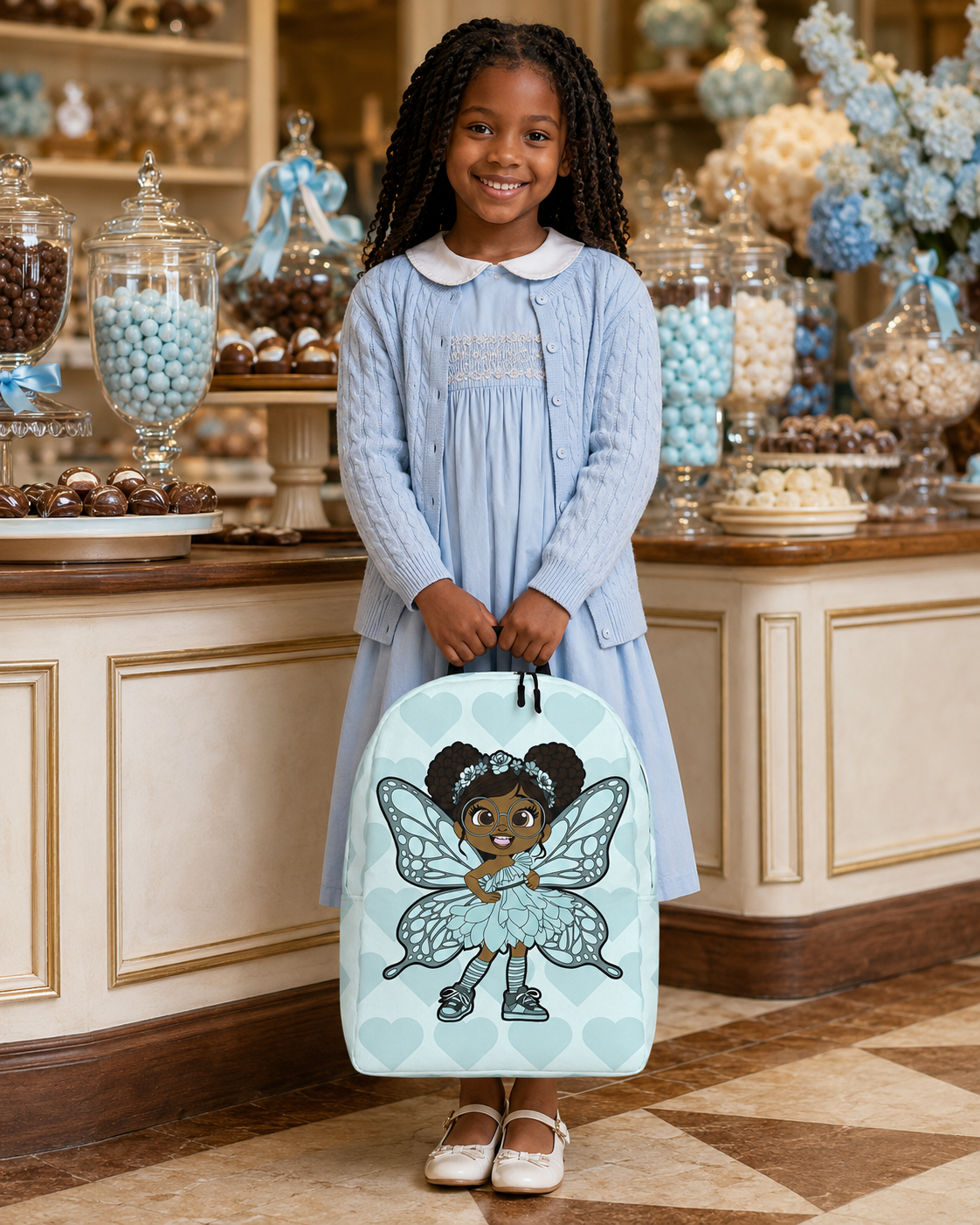 Coco Pixies JoJo Jollypuff backpack featuring afro puffs, round glasses, baby cyan wings, and heart pattern