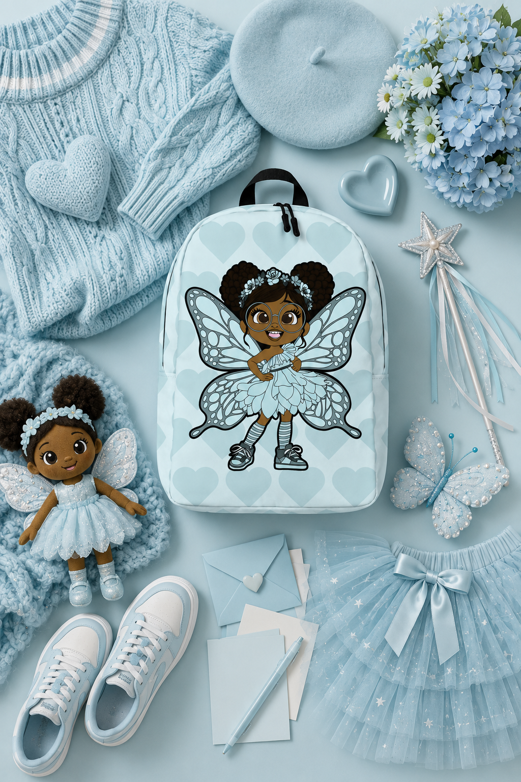 Coco Pixies JoJo Jollypuff backpack featuring afro puffs, round glasses, baby cyan wings, and heart pattern