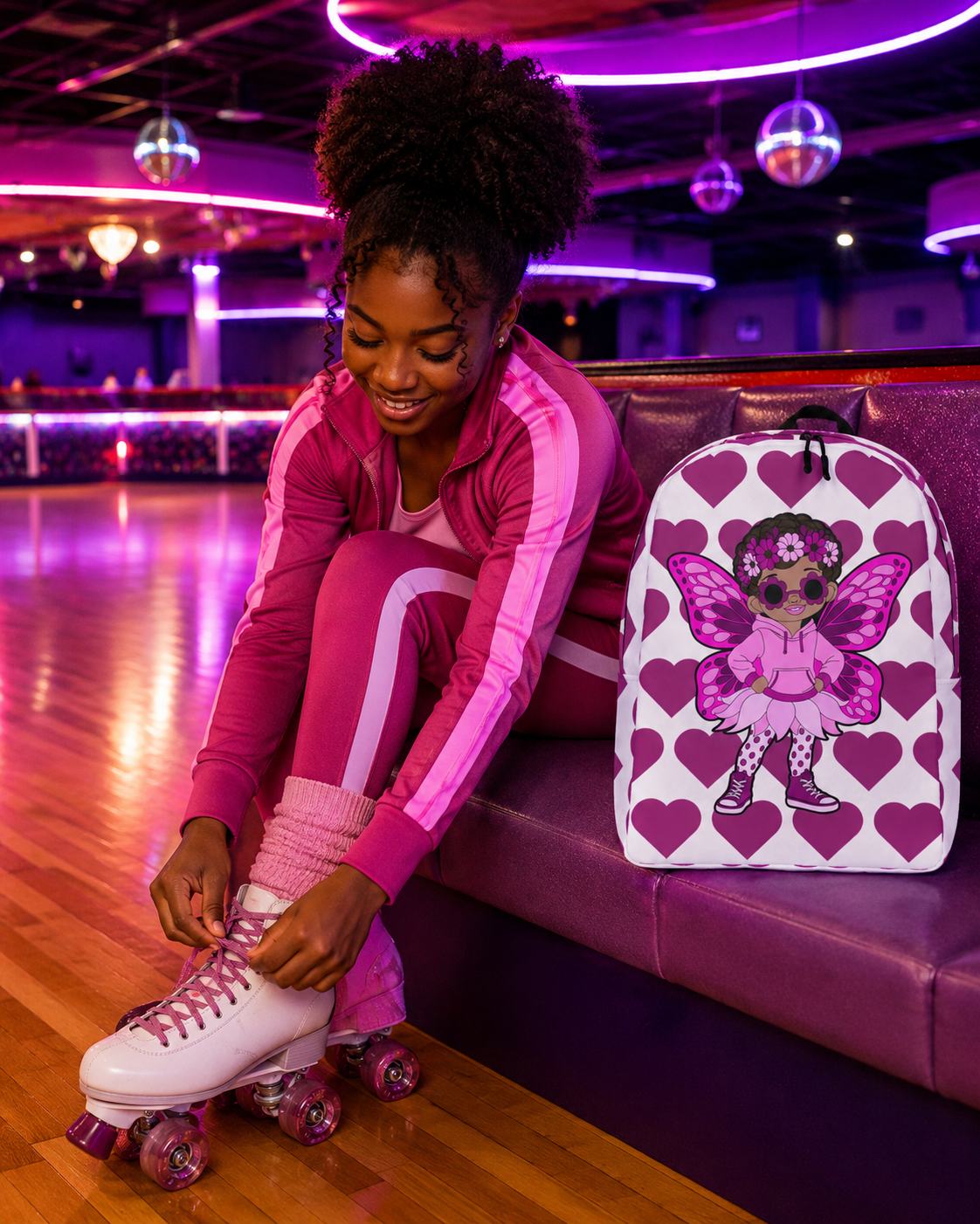 Coco Pixies Teonna Twinklepuff backpack featuring a Black girl pixie with curly puffs, a floral crown and magenta hearts.