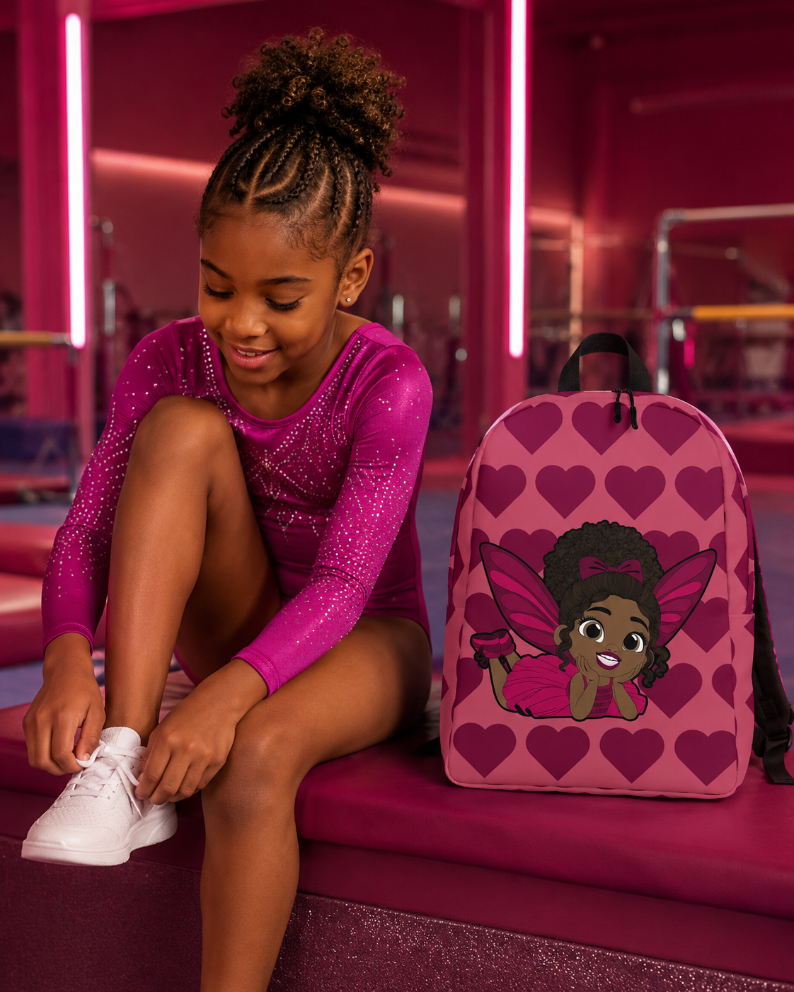 Coco Pixies Happy Harper backpack featuring a Black girl pixie with curly hair and deep rose hearts