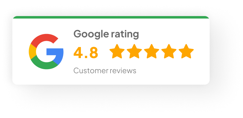 Google rating badge showing a 4.8 out of 5-star rating based on customer reviews.