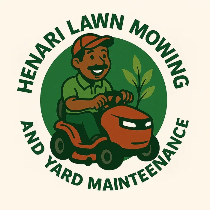 Logo featuring a man riding a lawn mower, smiling, with a plant behind him, surrounded by the text 'HENARI LAWN MOWING AND YARD MAINTENANCE'.