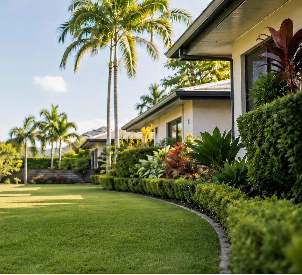 A well-maintained backyard with lush green grass, tropical plants, and palm trees, adjacent to a modern house with large windows and a gray roof, under a clear blue sky.
