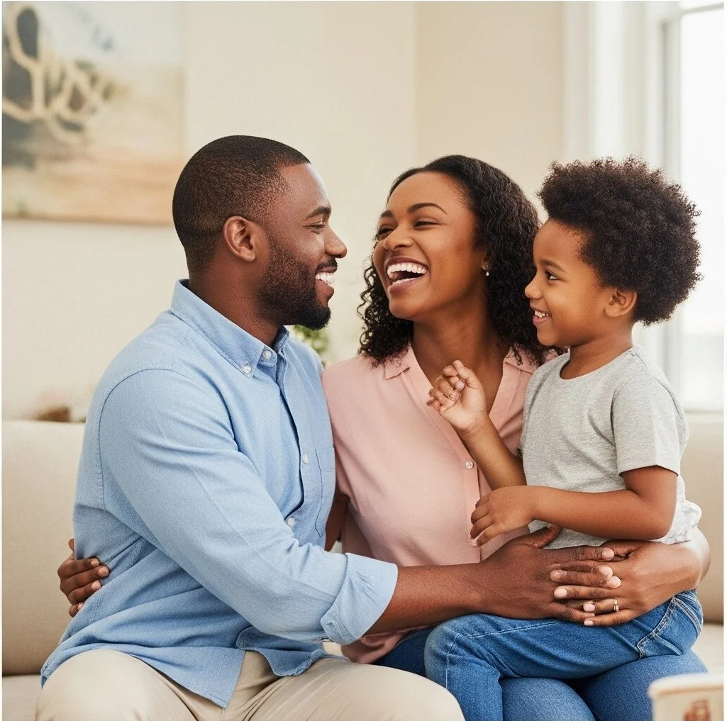 Happy family of three sitting on a couch, smiling and enjoying each other's company indoors.