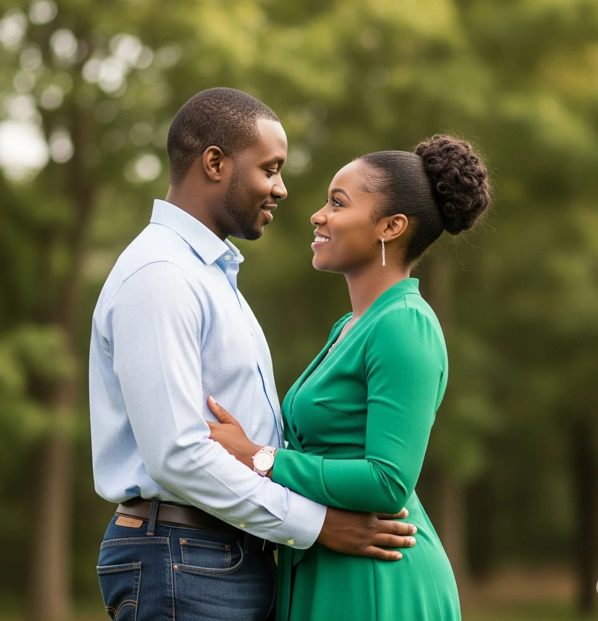 A smiling Black couple standing close together outdoors, gazing into each other's eyes, with blurred trees in the background.