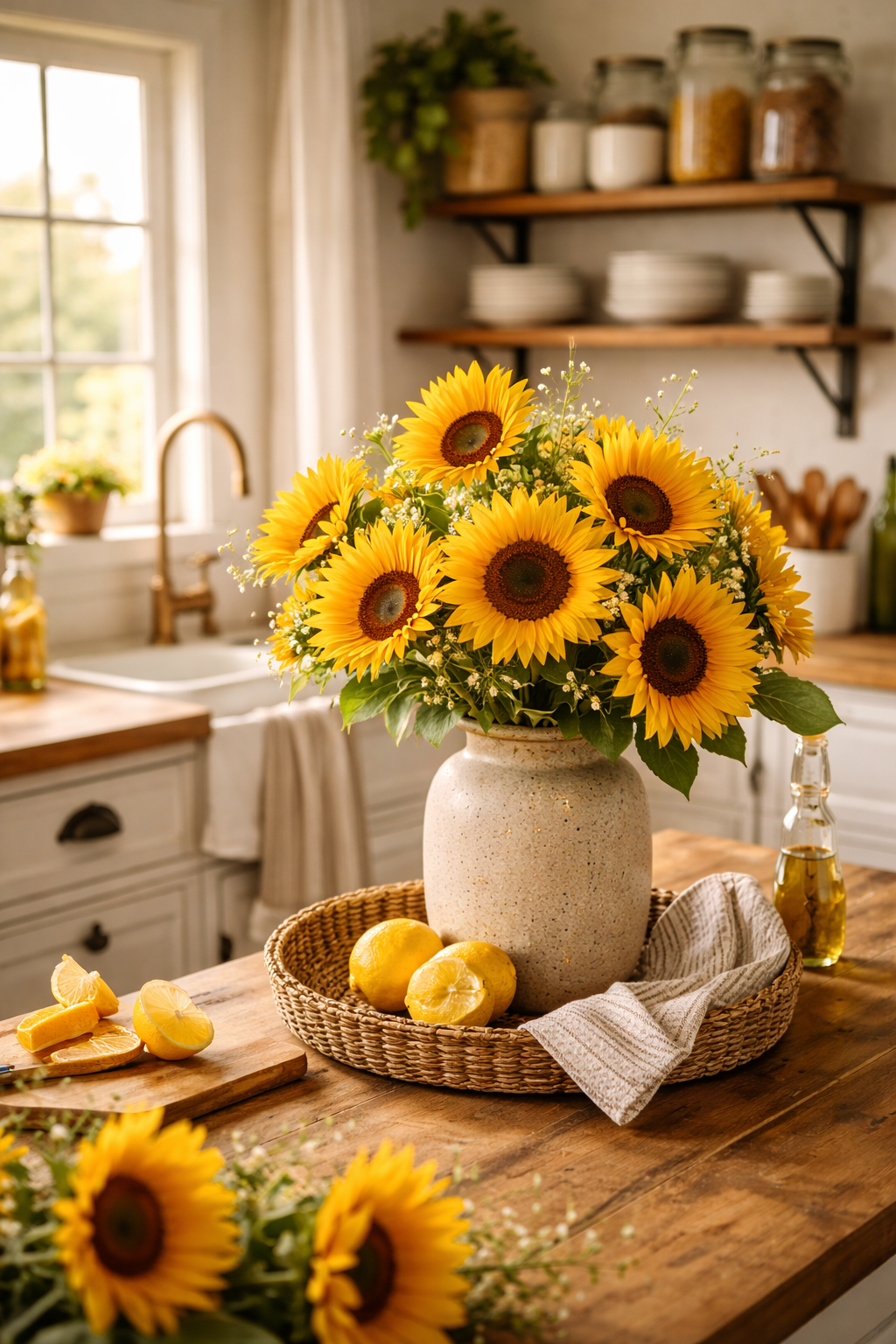 A kitchen with a sunflower bouquet in a beige vase on a wooden table, surrounded by sliced lemons and a green glass bottle with oil. Sunlight streams in through a window.