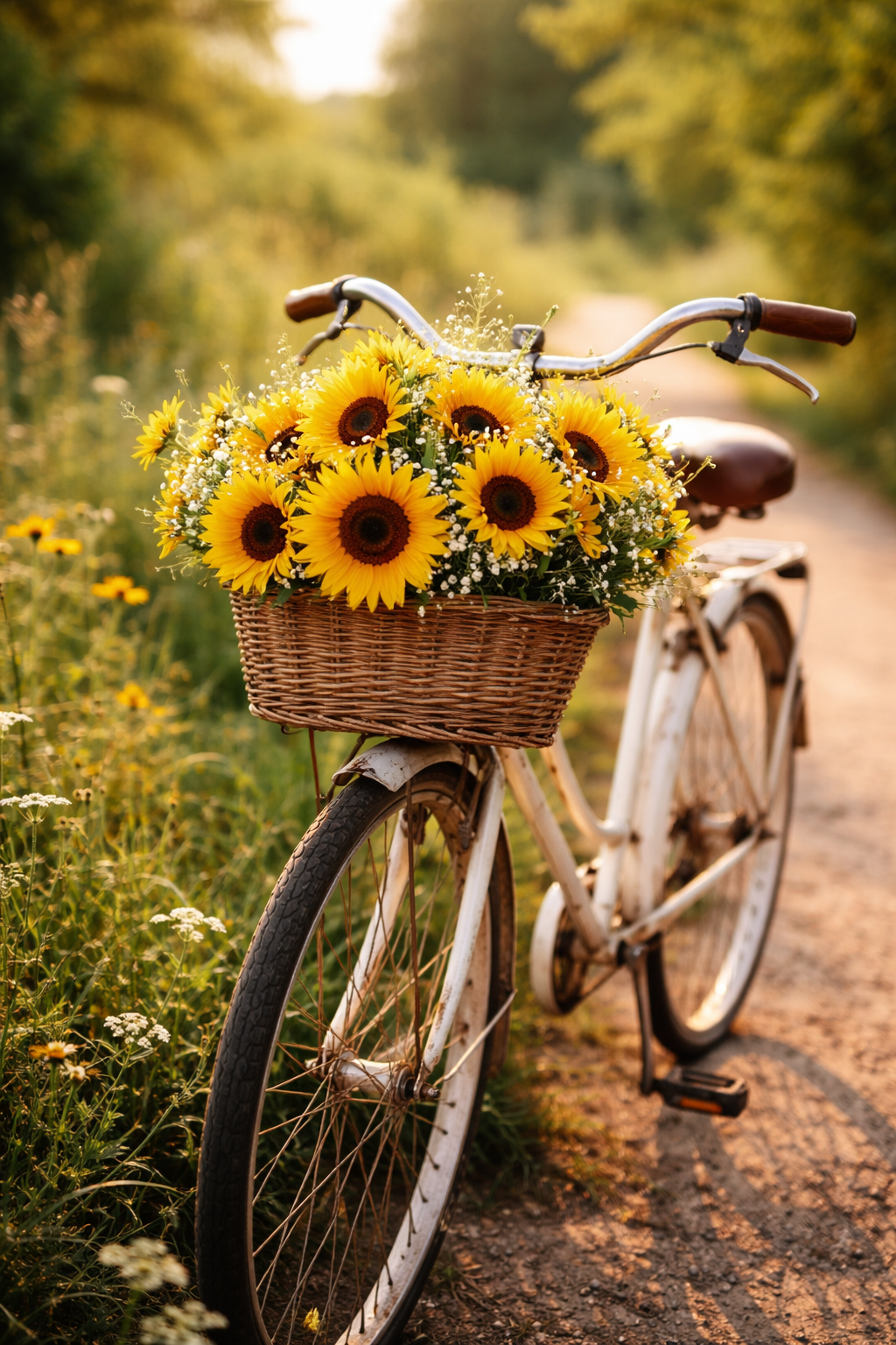 A vintage white bicycle with a brown leather seat and handlebars, parked on a dirt path in a field, with a wicker basket filled with bright yellow sunflowers attached to the front.