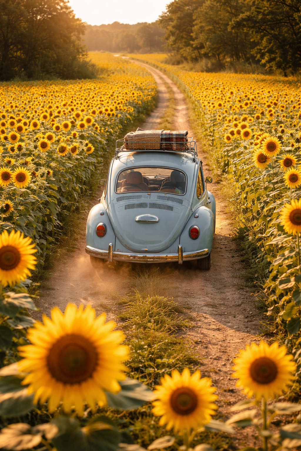 A vintage blue car driving through a sunflower field at sunset, with tall sunflowers and trees on either side of a dirt path.