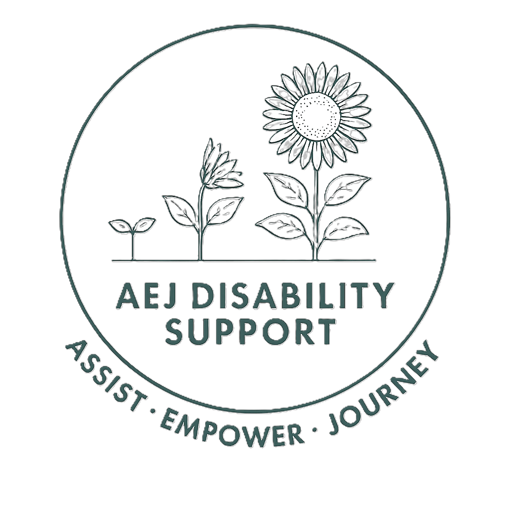 Logo for AEJ Disability Support featuring three growing plants, with the largest plant having a sunflower flower, and the words 'AEJ Disability Support' underneath. The logo also includes the tagline 'Assist. Empower. Journey' in a circular arrangement around the plants.