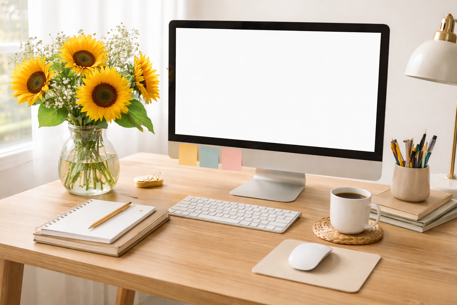 A tidy wooden desk with a vase of sunflowers, a closed notebook with a pen, a computer monitor with sticky notes, a keyboard, a cup of coffee, a mouse, a small container of pens, a stack of books, and a desk lamp in front of a window with sheer curtains.