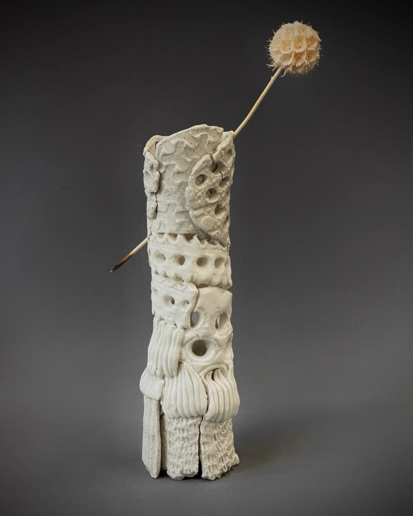 Built by stacking surface systems.
Each section tests a different behaviour of clay - compression, perforation, extrusion, erosion.
A vertical fragment.

#fragmentadas 
#contemporaryceramics
#ceramicsculpture
#ceramicart
#handbuiltceramics