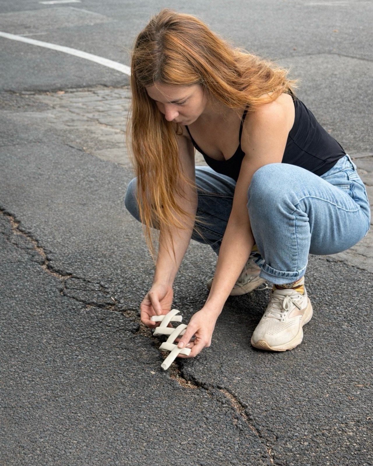 Placing small tests into existing cracks.
Not fixing, just seeing how they sit, how they hold, how they interrupt.