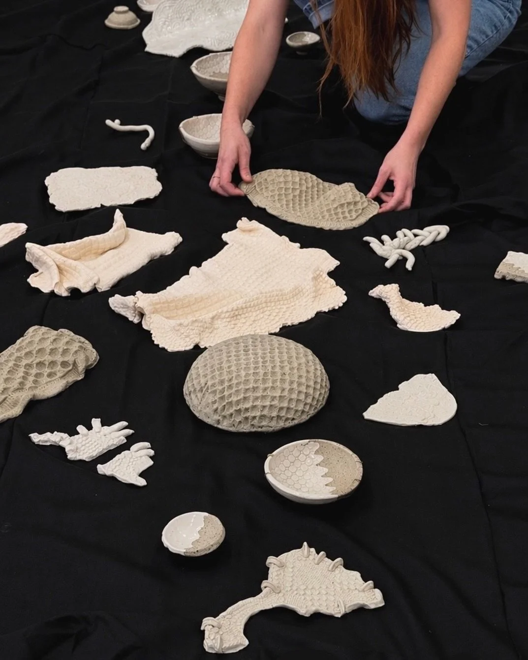 Before installation, at the studio.
Each piece was placed slowly, testing relationships between fragments.

-
Gathered Fragments
Bargoonga Nganjin, Fitzroy North Library
30 April - 26 July 2026