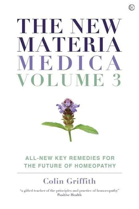 Book cover titled 'The New Materia Medica Volume 3'. Features a lavender flower illustration and text about remedies for homeopathy by Colin Griffith.