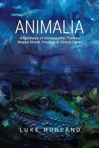 Book cover titled 'Animalia' by Luke Norland, featuring abstract blue and green aquatic images.