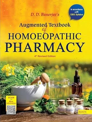 Cover of a book titled 'Augmented Textbook of Homeopathic Pharmacy,' 4th Revised Edition, with a yellow background and botanical imagery including a mortar and pestle, medicinal bottles, and various herbs and plants.