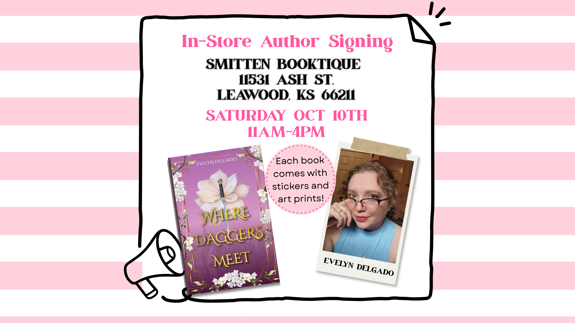 In store signing for Where Daggers Meet by Evelyn Delgado graphic. At Smitten booktique in Leawood,ks