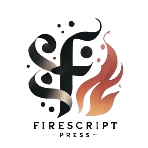 FireScript Press Corporation's stylized logo with the letter F in black with flourishes, alongside an orange flame graphic, and the words 'FIRESCRIPT PRESS' beneath.