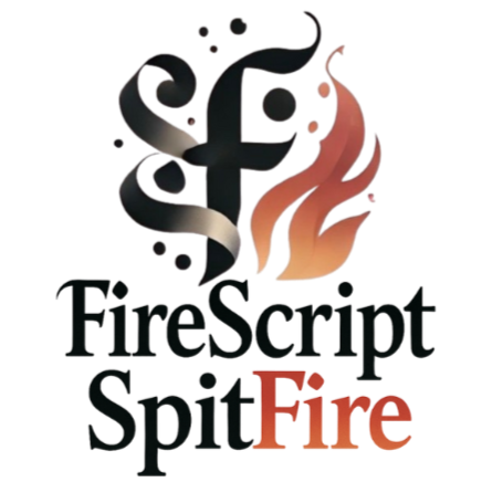 Logo with a stylized flame and the words 'FireScript, SpitFire' in black and red text.