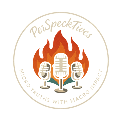 Logo with flames and microphones in front, with text 'PerSpeKTive' at the top and 'MIXER' and 'TRIVIA' at the bottom, on a circular background.