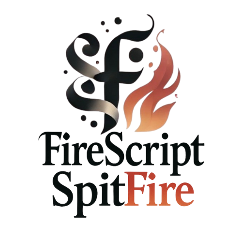 A logo for FineScript SpitFire featuring black text with a stylized flame and a feather, with the words "FineScript" and "SpitFire."