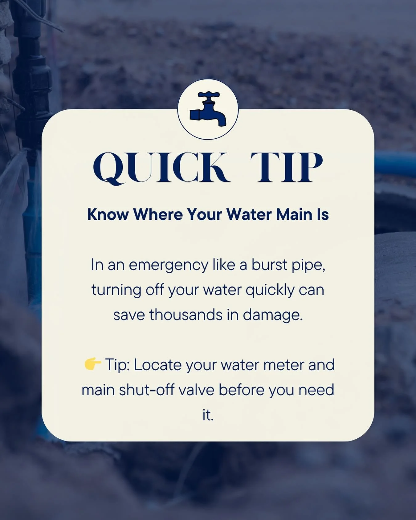 Quick Plumbing Tip
Knowing where your water main is can save you thousands in an emergency. 
Take a few minutes today to locate your shut-off valve &mdash; future you will thank you. #plumbing #hollisplumbing #sunshinecoast #sunshinecoastplumbing