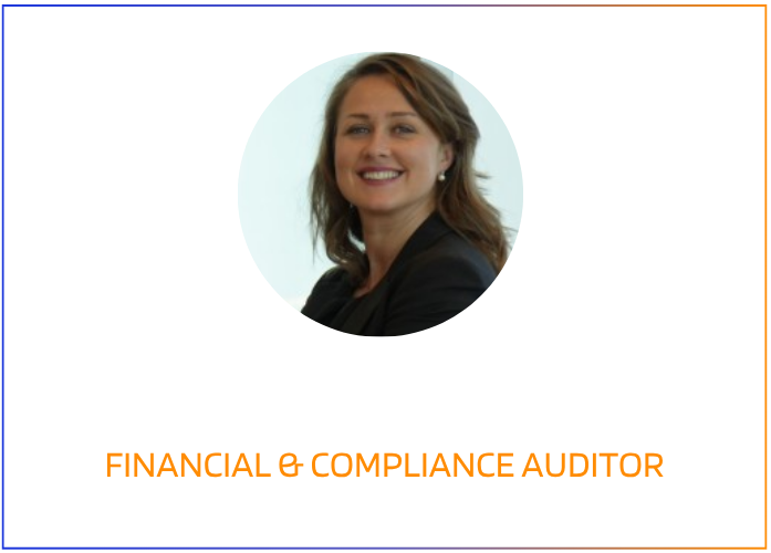 A woman with brown hair, smiling, wearing a black blazer, on a graphic presentation slide with a blue background and a circular photo