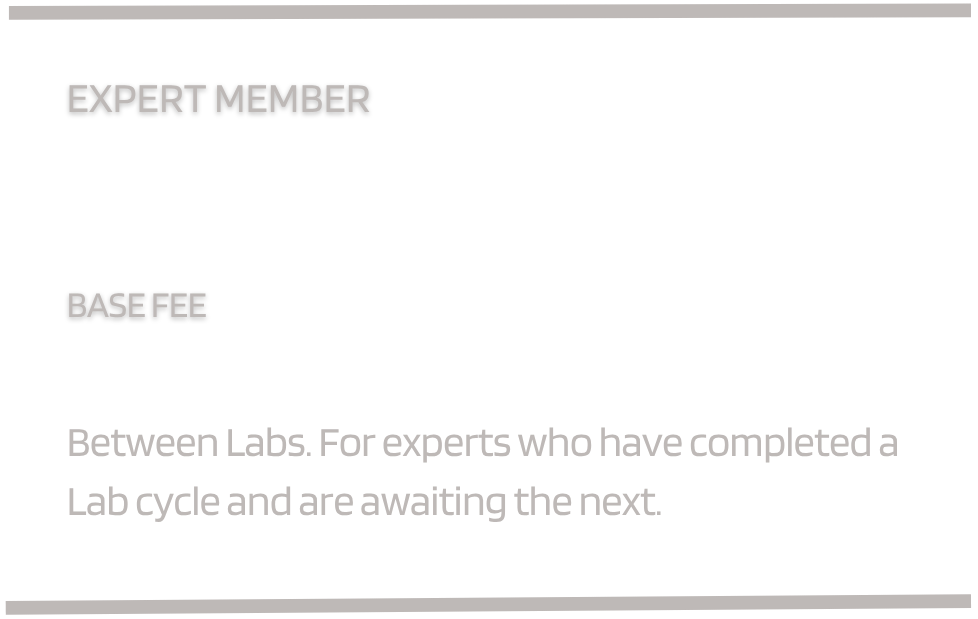 A digital screen displaying a membership plan with details about pricing and target audience, titled 'Expert Member', costing 99 EUR/month, with a base fee for experts who have completed a lab cycle and are awaiting the next.