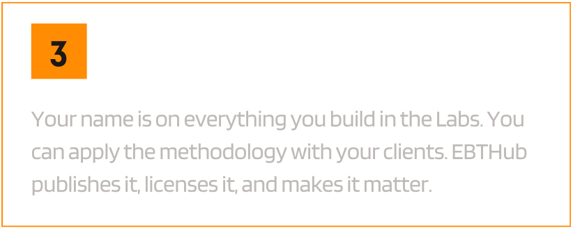 Slide with the number 3 and the title 'Your Name is on It – Permanently'. Body text explains that your name appears on all labs you build, and EBTHub publishes, licenses, and makes it matter.