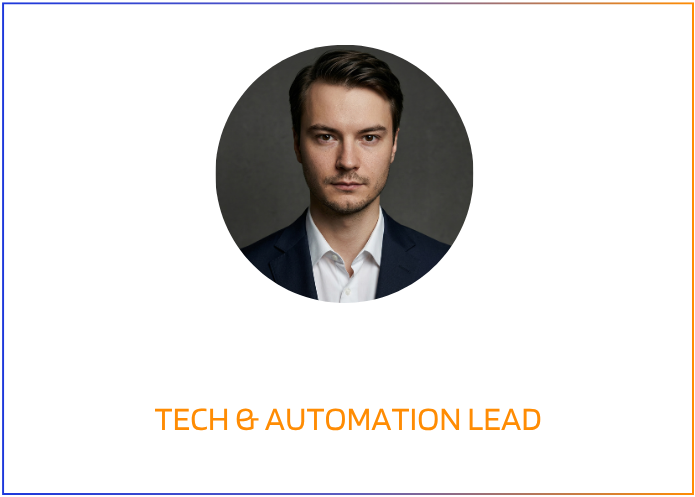 A man in a dark blazer and white shirt posing for a professional portrait against a gray background, with a graphic blue background and partial text overlay.