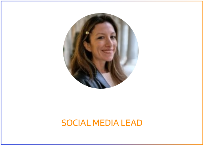 Smiling woman with brown hair in professional attire, layered with graphic design elements and a blue background.