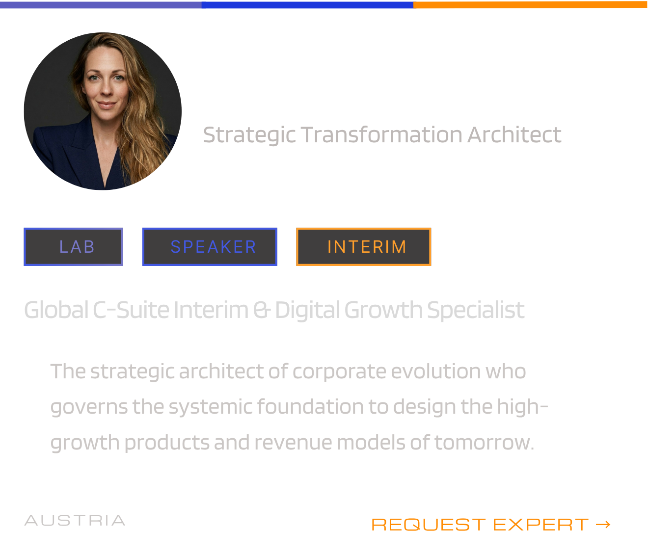 A digital graphic of a woman with long, wavy, light brown hair, dressed in a navy blazer, featured on a dark, circular background, and text elements indicating her roles as 'LAB,' 'SPEAKER,' and 'INTERIM.'