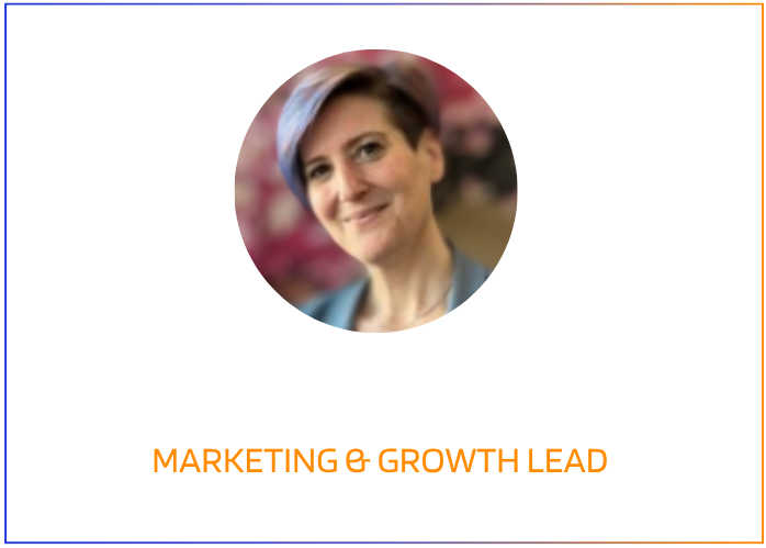 Close-up of a smiling woman with short gray hair, wearing a blue blazer, in front of a colorful background with red and pink hues, on a blue and orange graphic design.