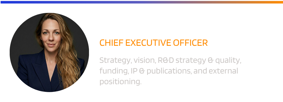 Professional woman with long, wavy blonde hair, wearing a navy blue blazer, smiling against a dark background, part of a colorful banner with text.