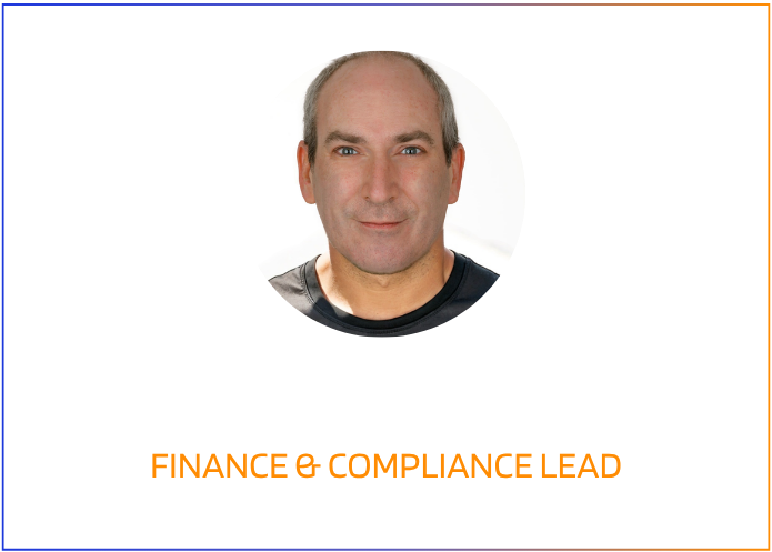 A digital graphic of a man with short hair and a slight smile, set against a blue background with orange and white accents.